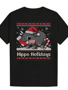 Camiseta de Navidad para hombre con diseño divertido de hipopótamo - Gorro de Papá Noel rojo y estampado gráfico de hipopótamo, tejido suave y transpirable, corte regular, cuello redondo, manga corta, ropa casual y para el gimnasio - Negro - Ver 6