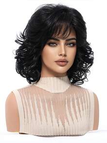 12英寸优雅黑色卷发假发，带侧刘海，女士适用 - 耐热合成纤维，假发配件，女士假发，新手必备，用途广泛，适合日常、派对、角色扮演、节日、音乐节等场合，佩戴舒适，送给女朋友的礼物，美容假日必备，完美适用于日常假日旅行，高品质 - 黑色 - 查看 4