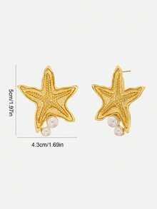 一对简约合金海星耳钉，饰以仿珍珠，适合日常、办公、派对佩戴 - 海星耳環 - 查看 3
