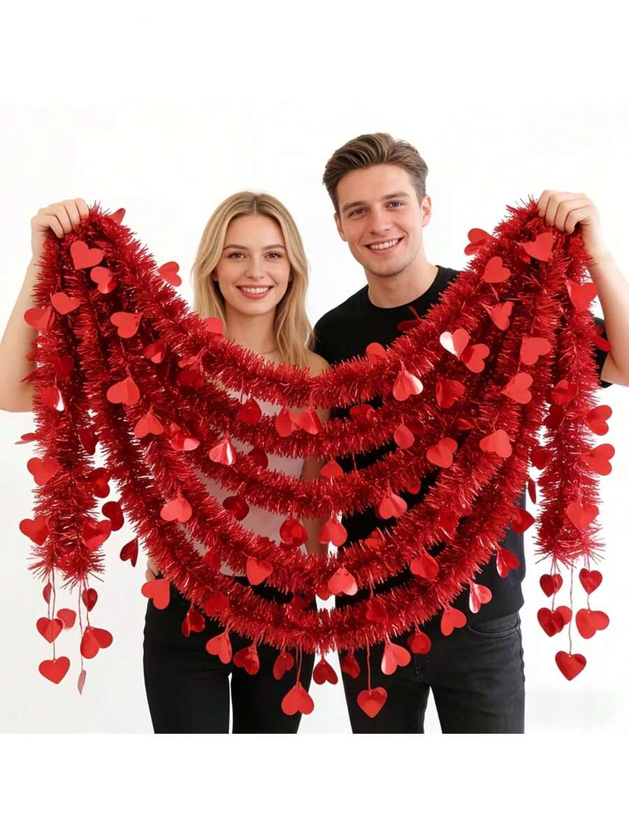 5件套情人节金属丝花环心形装饰，红粉相间，爱情主题，适用于婚礼、新娘送礼会、订婚、周年纪念日等场合 - 多用途悬挂式塑料心形装饰品，适合派对和节日 - 彩色 - 查看 1