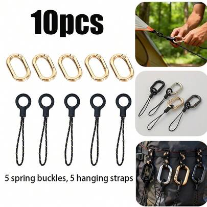 10pcs Oval Metal Carabiners | Alloy + Woven Lanyard, Simple Black/Gold/Silver Multi-Color, Portable Anti-Lost Carabiner Clips For Backpack, Keys, Flashlight, And Convenient For Outdoor Activities