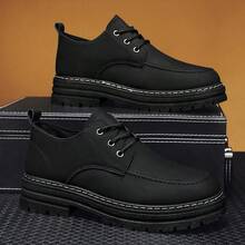Men's Paris Round Toe Casual Shoes, Thick Sole Elevator Black Matte Derby Loafers - Print - View 13
