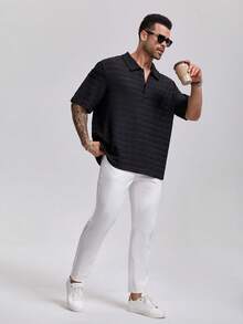 1pc Men's Black Striped Textured Polo Shirt, Collared Short Sleeve Button-Up Casual Versatile Top, Elegant For Holiday Parties, Suitable Gift For Father, Boyfriend, Dad, Friends - Black - View 11