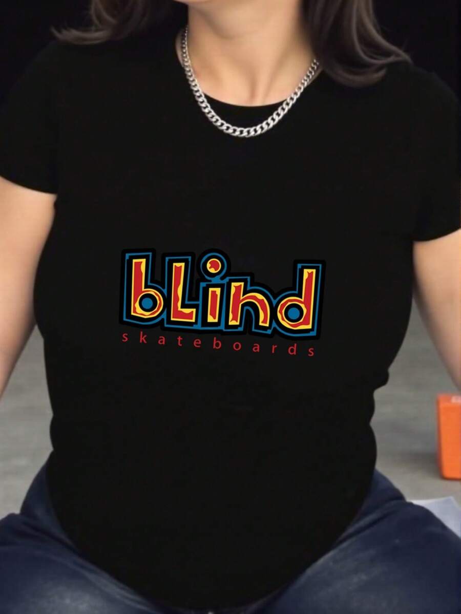 Women's Casual Short Sleeve T-Shirt - Soft And Breathable Polyester Blend, Quick Dry, Loose Fit, Bold 'Blind' Letter Print, Machine Washable, Suitable For Daily Outdoor Wear, Summer Clothes, Graphic Top, Lightweight Streetwear, Fashion Printed T-Shirt - 黑色 - 查看 1