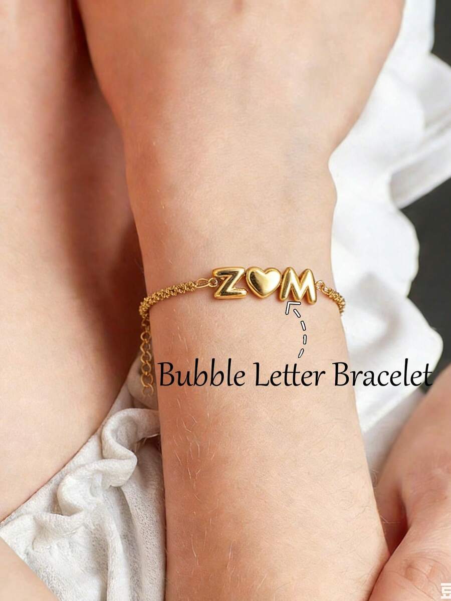 Customizable Name Bubble Letter Bracelet With Gift Box, Exquisite Personalized 3D Balloon Letter Heart Couple Bracelet, Stainless Steel Adjustable Square Bead Chain Simple Jewelry, Hip-Hop Style 3D Bubble 26 Uppercase Initial Cuban Link Bracelet - Gold-bubble Letters - View 1