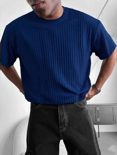 WAIT HIM Men's Casual Solid Color Ribbed Short Sleeve T-Shirt