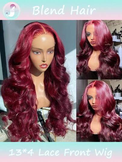 99j Burgundy Body Wave Lace Front Wigs Human Blended Hair 13x4 Lace Frontal Wigs Pre Plucked With Baby Hair 180% Density Glueless Wine Red Wigs For Women(Blended Wigs-A Mix Of Human Blended Hair And Synthetic)Wigs Human Blended Hair/Women's Human Blended Hair Wig/Human Blended Hair Lace Front Wigs/Wigs Glueless/Bleached Knots/Pre Plucked/Lace Wig/Gifts For Her / Gifts For Him/Romantic Gift/Love Gift/Couple Gift/Valentine Present