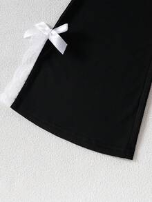 Girls Asymmetrical Hem Vest Top With Lace Bowknot Flare Pants Set, Spring/Summer - Black - View 9
