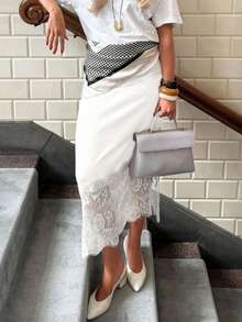 Elegant Women's Long Straight Skirt With Delicate Contrast Lace Detail Woven Fabric Casual Style - White - View 5