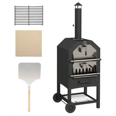 2-In-1 Outdoor Pizza Oven 3-Tier Freestanding Charcoal BBQ Grill