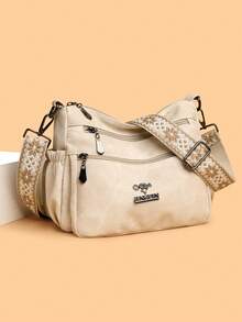 Bolso bandolera de mujer de unicolor con múltiples bolsillos, mochila de tela suave para mediana edad, nuevo estilo de primavera/otoño con decoración metálica, bolso de hombro sencillo - Blanco - Ver 11