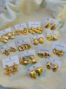 9 Pairs Of Elegant Style Stainless Steel Cast Flower-Shaped, Teardrop-Shaped, Butterfly-Shaped, Wing-Shaped And Other Geometric-Shaped Earrings. These Simple Yet Fashionable Stainless Steel Earrings Are Suitable For Ladies To Wear In Their Daily Lives And Are The Best Gifts For Female Friends. - Gold - View 5