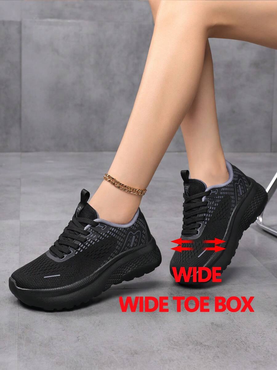 Women's Wide-Toe Breathable Black Running Shoes,Women's Wide-Toe Casual Sneakers, Lightweight, Anti-Slip Thick-Soled Sneakers, Fragmented Sole Design, Wide-Width Fashionable And Comfortable Sneakers, Wide-Toe Thick-Soled Chunky Sneakers (Wide Head Chunky Sneakers) - Black - View 1