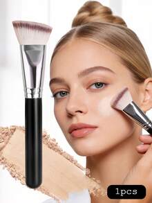 1pc Soft Fiber Angled Makeup Brush, Suitable For Foundation, Blush, Contour, Concealer, Setting Powder Brushes, Natural Even Application, Portable Cosmetic Tool - Black - View 2