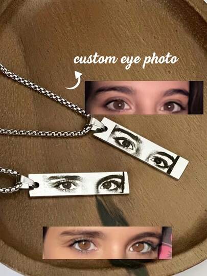 Customized Pearl Chain Eye Photo Necklace, Personalized Realistic Photo Pendant, Stainless Steel Black Printed Rectangular Jewelry, Gift For Valentine's Day, Mother's Day, Daily Wear