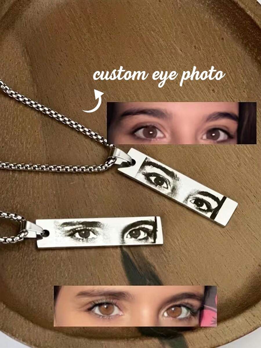 Customized Pearl Chain Eye Photo Necklace, Personalized Realistic Photo Pendant, Stainless Steel Black Printed Rectangular Jewelry, Gift For Valentine's Day, Mother's Day, Daily Wear