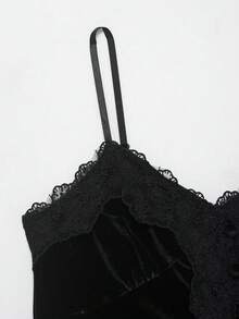 DEEKA Women's Fashion Lace & Velvet Patchwork Camisole, & Versatile, Spring/Summer - Black - View 5