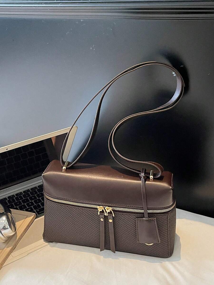 复古相机手提包、便当盒包、荔枝纹小众午餐盒包、2025秋冬高端通勤单肩腋下包、复古时尚斜挎包 - 咖啡 - 查看 1