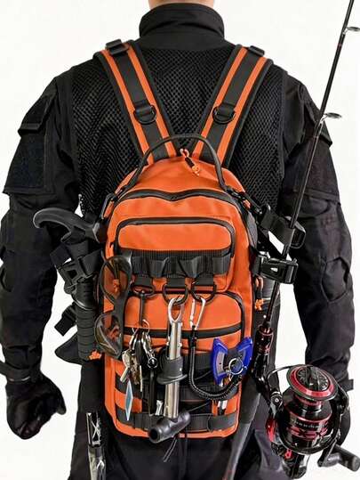 Fishing Tackle Backpack- Tactical Fishing Storage Bag With MOLLE Webbing & Integrated Rod Holders - Lightweight & Compact Bag, Water-Resistant Pack For Bank FishingFor Fishing, Overnight Camping, Hiking, Hunting & As A Versatile Bug Out Bag
