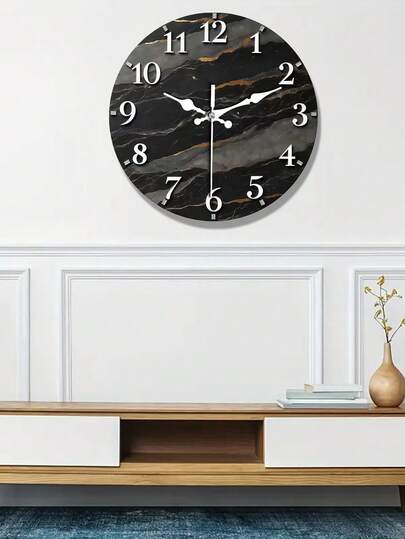 1pc Modern Black Marble Texture Wooden Wall Clock, Gold Hands - Large Round Minimalist Quartz Silent Sweeping Movement, Black & Gold Marble Texture Wooden Dial, White Numerals And Gold Hands, Suitable For Living Room, Kitchen, Office, Bedroom Decor - Battery Powered (AA Batteries Not Included) - Elegant Home Decor Clock, Fashionable Wall Clock, Living Room Wall Clock, Large Wall Clock, Office Wall Clock, 2D Flat