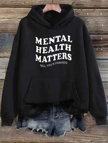 Oversized Hoodie Woman, Graphic Sweatshirt With Mental Health Matters Print, Cotton, Comfort For Four Seasons - 黑色 - 查看 1