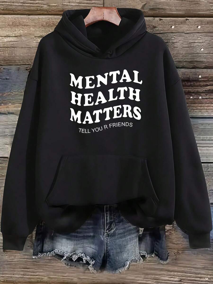 Oversized Hoodie Woman, Graphic Sweatshirt With Mental Health Matters Print, Cotton, Comfort For Four Seasons - 黑色 - 查看 1