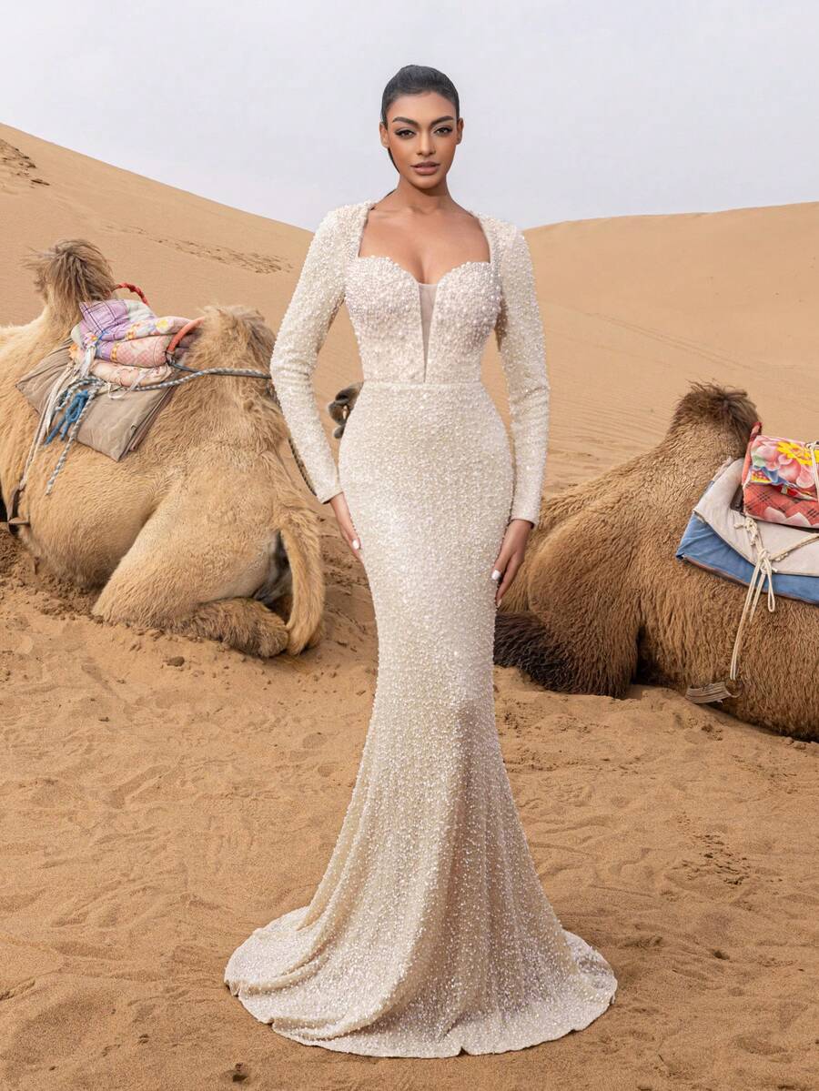 Faeriesty Damen Abendkleid mit langen Ärmeln und Perlen, tiefer V-Ausschnitt, figurbetonter Meerjungfrauenschnitt, verziert mit Pailletten-Stickerei, geeignet für rote Teppich Veranstaltungen, formelle Hochzeiten, schwarze Krawatte Anlässe, Luxus-Galas.