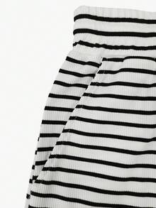 2pcs Women's Black & White Striped Off-Shoulder Long Sleeve Crop Top And Wide Leg Pants Set, Casual Homewear Outfit For Valentine's Day Date - Black and White Stripes - View 4