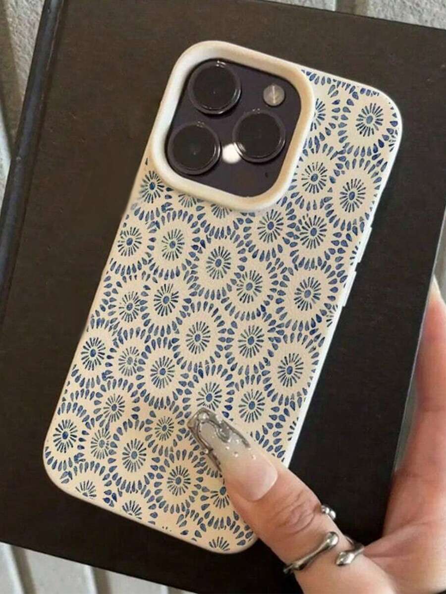 Flower 1pc TPU Material Blue Floral Pattern Fresh Design Phone Case Compatible With IPhone 17/17Pro/17ProMax/16/16Pro/16ProMax/16Plus/15/15ProMax/15Pro/14/13/12/11 Phone Protective Cover - White - View 1