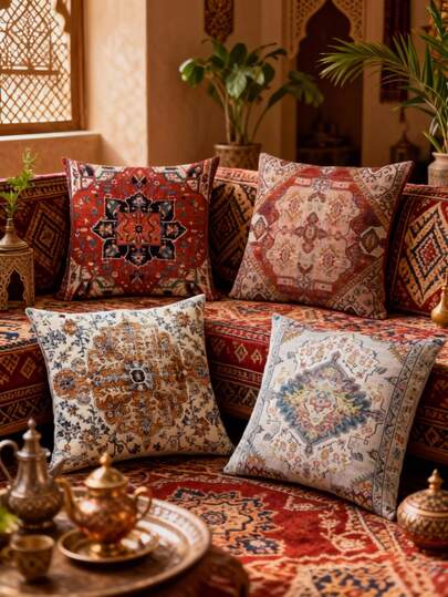 1 pièce Housse de coussin décoratif à motif floral vintage, housse de coussin décorative géométrique pour le salon et le canapé, en tissu léger de type lin