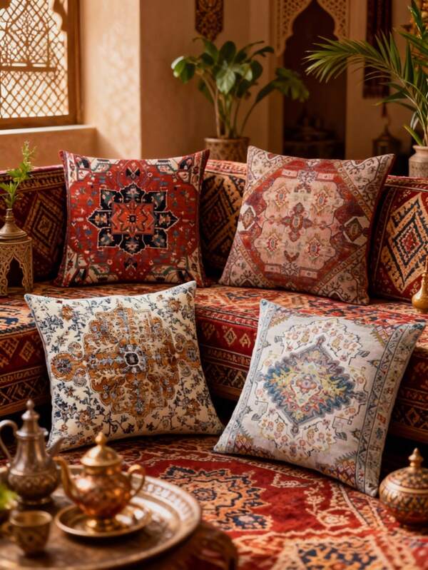 1pc Vintage Floral Pattern Throw Pillow Cover, Geometric Decorative Cushion Cover For Living Room Sofa, Lightweight Linen-Like Fabric