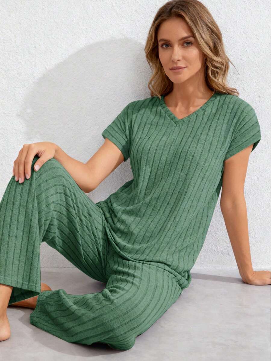 两件套休闲竖条纹V领短袖家居服套装 - 綠色 - 查看 1
