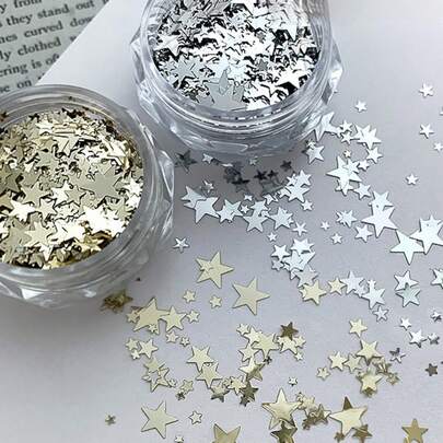 2件/套迷你超薄星星亮片美甲配件，闪亮金银色，3D星空美甲装饰，混合尺寸，合金金属美甲用品，美甲饰品