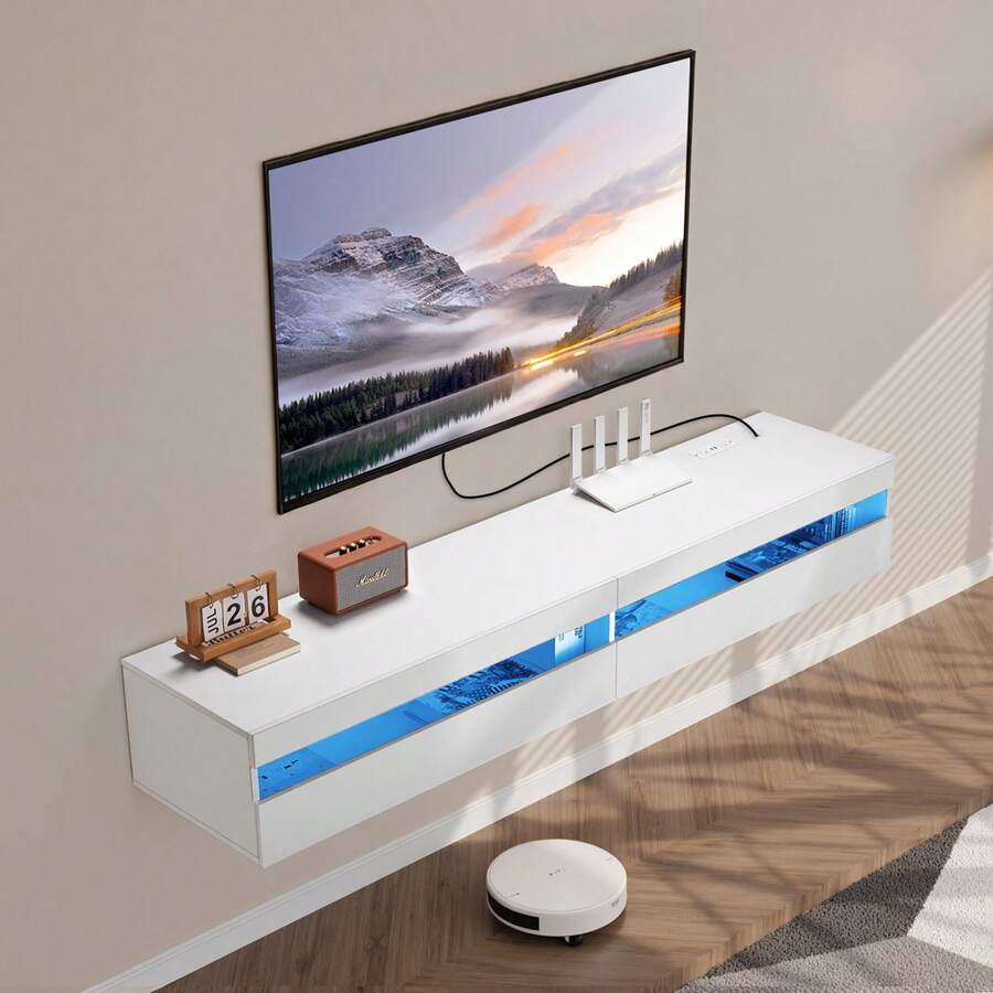 Floating TV Stand, 71 In Wall Mount Entertainment Center With Power Outlet & LED Lights, Modern Floating TV Shelf With 2 Drawers & Storage Cabinet For DVD Player, Cable Box, Game Console, White - 美規A型插(110-127V) - 查看 1