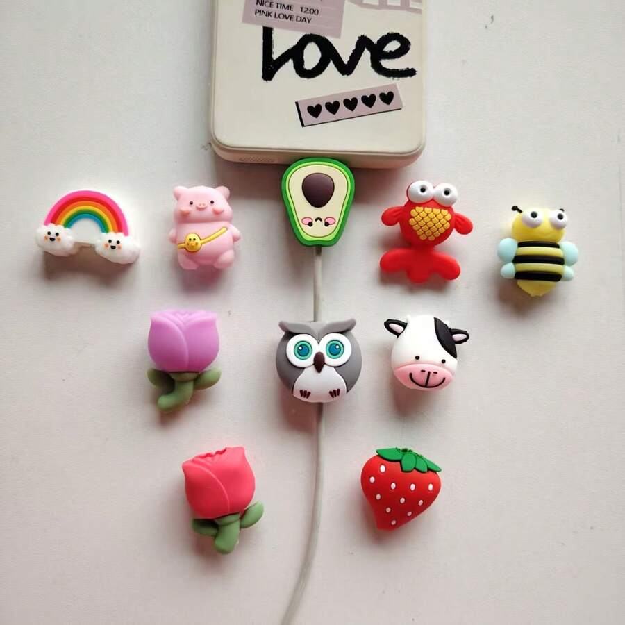 10 buc cleme de cablu de încărcare pentru telefon cu desene animate drăguțe, vacă/curcubeu/albină, animale, linie de date de protecție pentru Apple, Android, tip C, anti-rupere și crăpare - Multicolor - Vizualizare 1