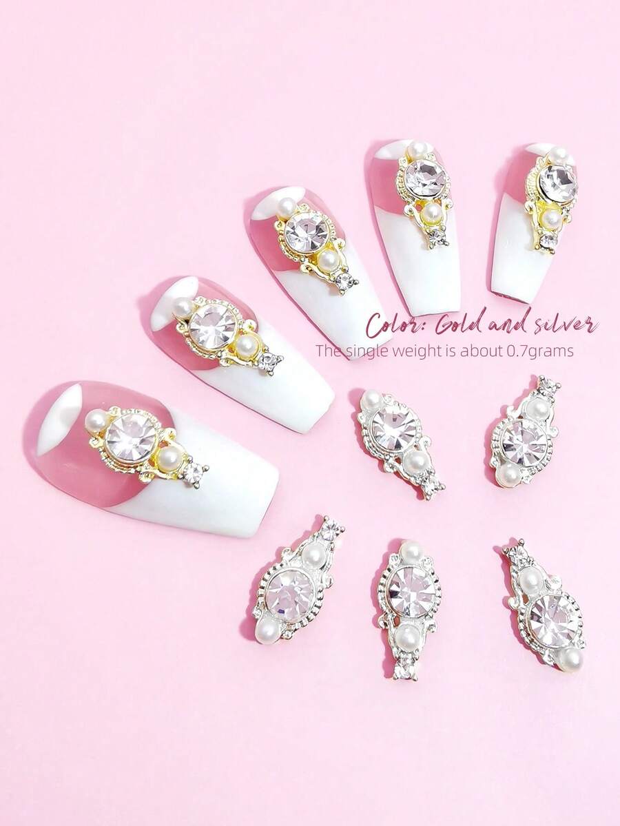 10pcs Gold & Silver Alloy Rhinestone Pocket Watch Design 3D Metal Crystal Glass Faux Pearl Nail Art Jewelry DIY Accessories, Suitable For Girls And Women Nails Nail Supplies - Multicolor - View 1