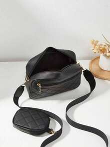 2pcs Small Square Shoulder Bag, Quilted Diamond Pattern Crossbody Bag, Coin Purse - Black - View 3