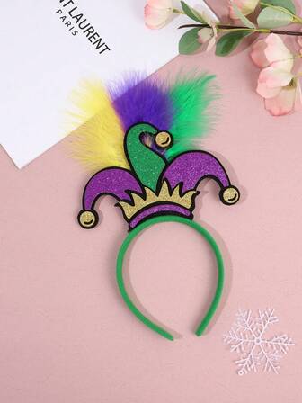 1 pieza Diadema de Mardi Gras para mujer con forma de sombrero de bufón brillante con lentejuelas, plumas de colores, accesorio para el cabello para fiesta de carnaval