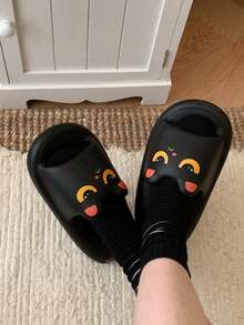 XIXITIAO 1双可爱大眼黑猫夏季卡通情侣软底休闲拖鞋，防滑时尚室内/室外拖鞋 - 黑色 - 查看 4