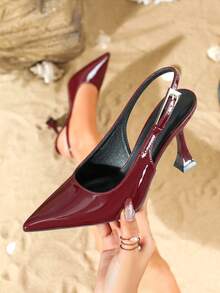 Women's Fashion Minimalist Pointed Toe Backless High Heel Sandals, Comfortable Non-Slip Breathable With Metal Buckle Strap - Burgundy - View 4