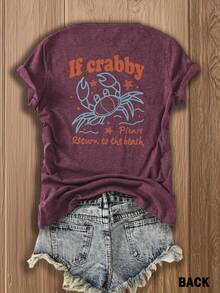 Double-Sided Printing, Ladies' T-Shirts, Ladies' -Blend T-Shirts, Independence Day, Gifts-Crabby Crab Print T-Shirt - Fun & Quirky Beach-Themed Design For Summer Outfits, Perfect For Vacation Wear And Coastal Lovers - 紫色 - 查看 3