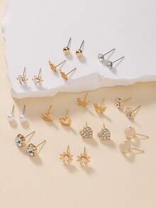 12 Pairs Metal Faux Pearl Rhinestone Butterfly, Heart, Flower Assorted Stud Earrings Set, Beautiful Everyday Casual & Holiday Gift For Women - Yellow Gold - View 3