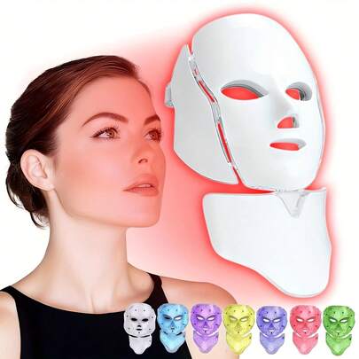 7 Color LED Light Therapy Face Mask, Facial & Neck Care Tool - USB Rechargeable, 1200mAh Lithium Battery, Cordless Relaxation, Suitable For All Skin Types LED Relaxation | Fashionable Design | Suitable For Holiday Gifts.