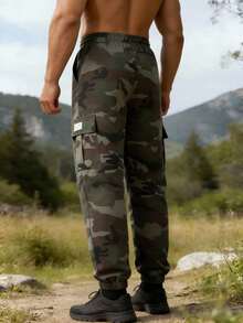男士宽松多口袋迷彩工装裤，户外徒步旅行束脚休闲裤，春季款 - 軍綠色 - 查看 3