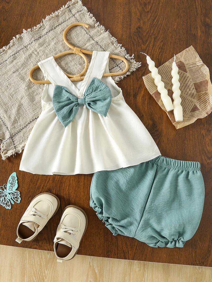 2pcs/Set Baby Girls' Cute Bowknot Decor Camisole & Solid Color Ruffle Hem Shorts Set, Summer - Multicolor - View 1