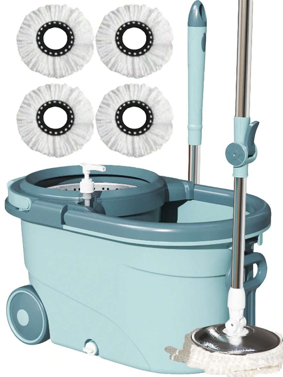Sistema de trapeador y cubo con giro de 360°, 3 recambios de microfibra y mango extendido - Trapeador de autolimpieza sin manos para una limpieza de pisos sin esfuerzo en la cocina y el baño, artículos esenciales para el hogar - Azul menta - Ver 1