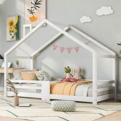 Children's House Bed With Chimney, Fall Protection, Sturdy Slatted Base, Pine Wood House Bed For Children 90 X 200 Cm Without Mattress, White