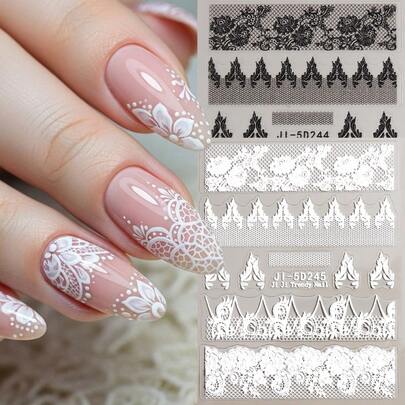5D Embossed Black And White Lace Nail Stickers, French Floral Pattern Retro Nail Stickers, Self-Adhesive Decorative Nail Stickers, Salon Nail Styles Suitable For Women.