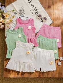 6pcs/Set Baby Girls' Summer New Dopamine Color Textured Fabric Floral Embroidery Solid Color Round Neck Top And Shorts Casual Cute Outfit - Nhiều màu - Xem 3