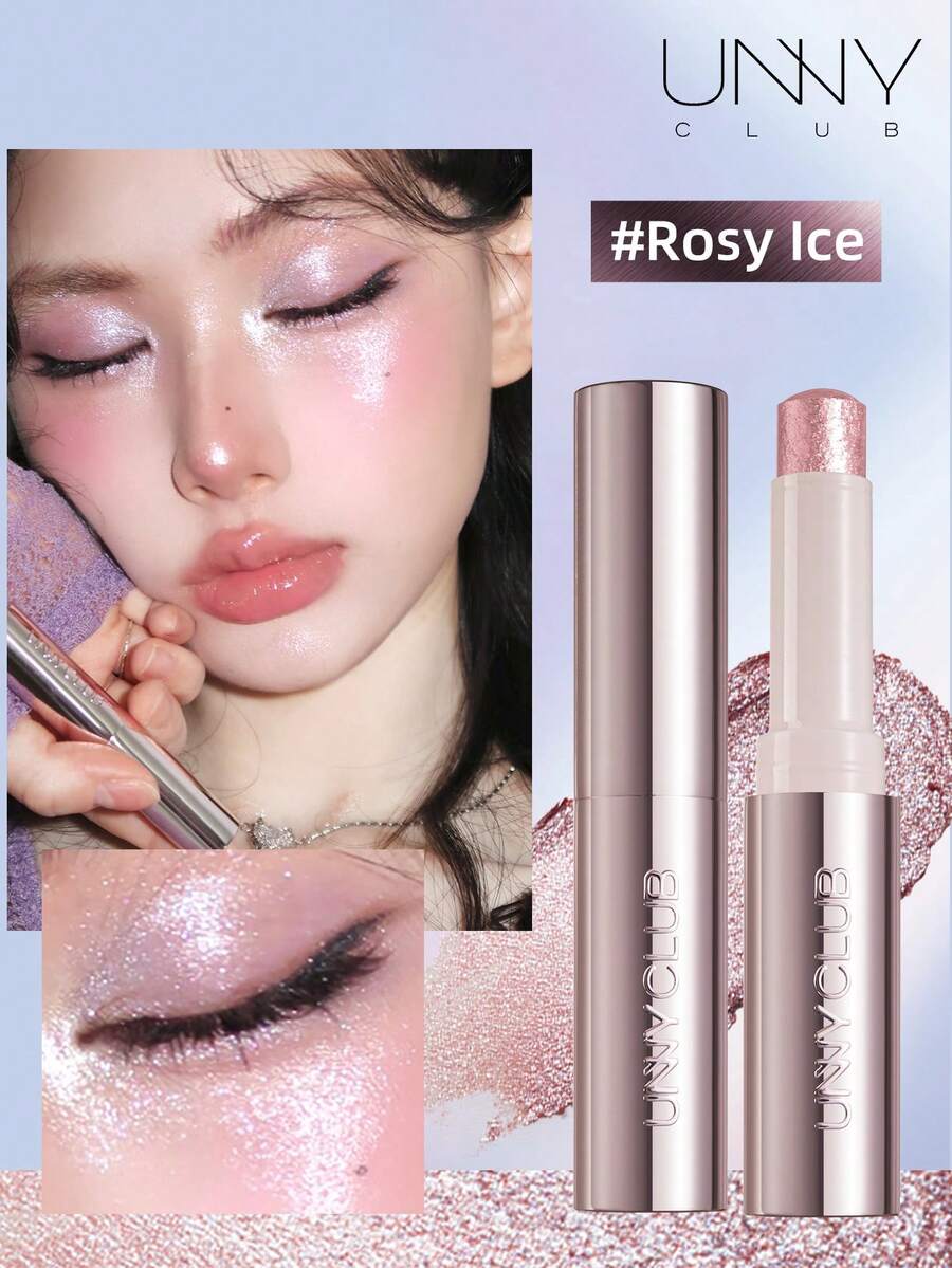 unny club 水晶冰高光棒，棒状高光眼影，提亮面部和眼部，钻石般闪耀，闪片，无粉妆效，易于涂抹，不晕染，持久闪亮，轻盈顺滑，日常妆容 - #Rosy Ice - 查看 1